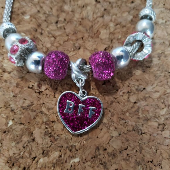 Silver Tone Hot Pink BFF Heart Beads Snake Chain Bracelet 8" Total L 2" Dia - Picture 5 of 11